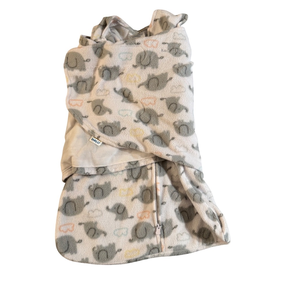 Halo SleepSack Swaddle Newborn 0-3M Gray Elephant Fleece 3-Way Swaddle